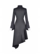 High Collar Oblique Placket Metal Button Flare Sleeve Lace-Up Cuff Irregular Hem Black Gothic Dress