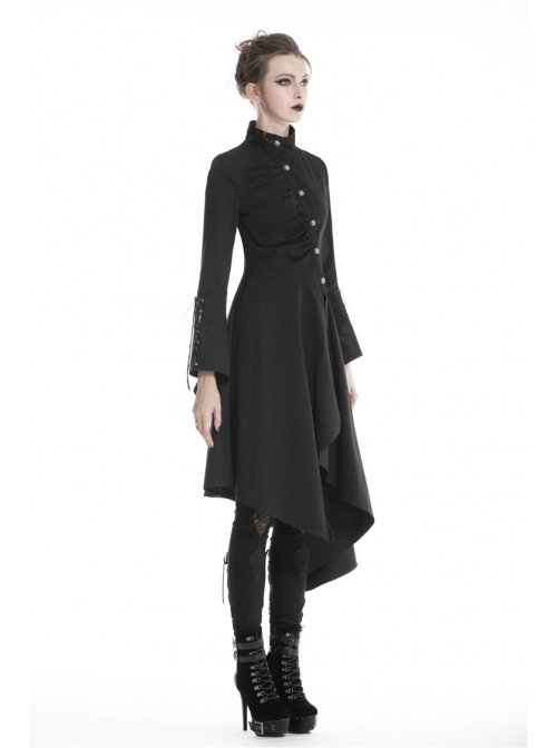 High Collar Oblique Placket Metal Button Flare Sleeve Lace-Up Cuff Irregular Hem Black Gothic Dress