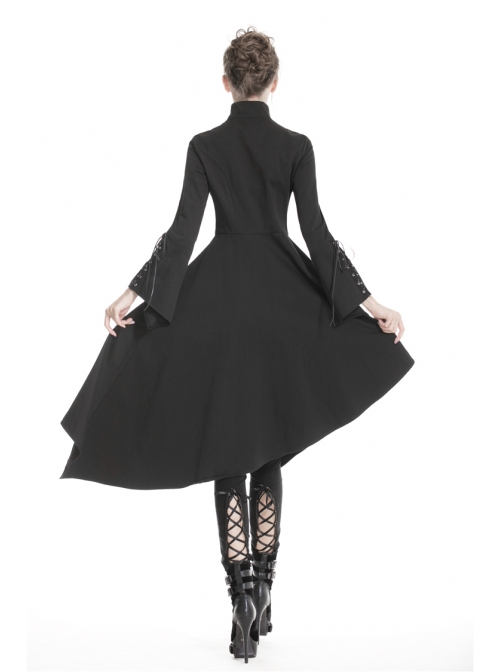 High Collar Oblique Placket Metal Button Flare Sleeve Lace-Up Cuff Irregular Hem Black Gothic Dress