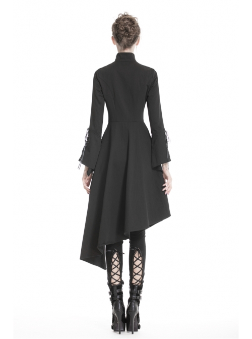 High Collar Oblique Placket Metal Button Flare Sleeve Lace-Up Cuff Irregular Hem Black Gothic Dress