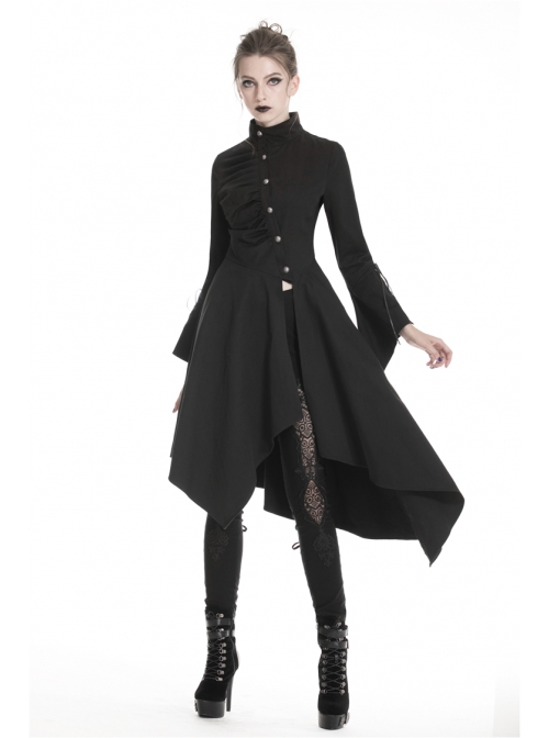 High Collar Oblique Placket Metal Button Flare Sleeve Lace-Up Cuff Irregular Hem Black Gothic Dress