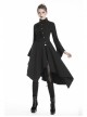 High Collar Oblique Placket Metal Button Flare Sleeve Lace-Up Cuff Irregular Hem Black Gothic Dress
