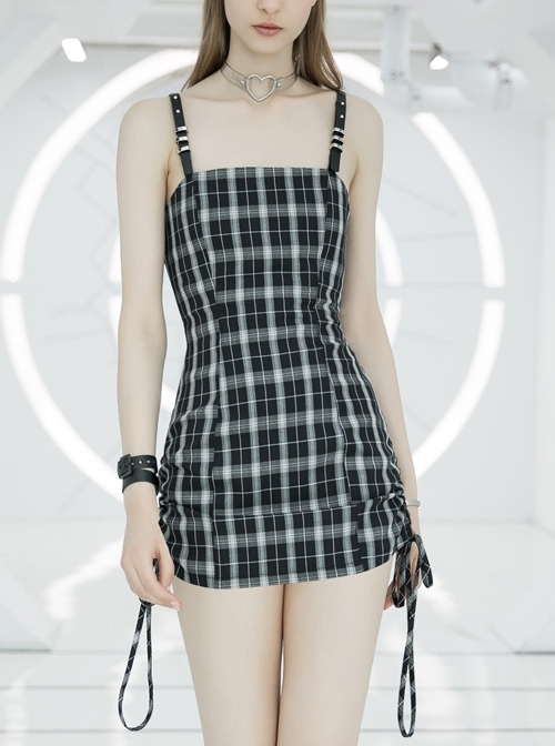 Steam Punk Female Black White Lattice High Waist Black Strap Dress