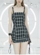 Steam Punk Female Black White Lattice High Waist Black Strap Dress