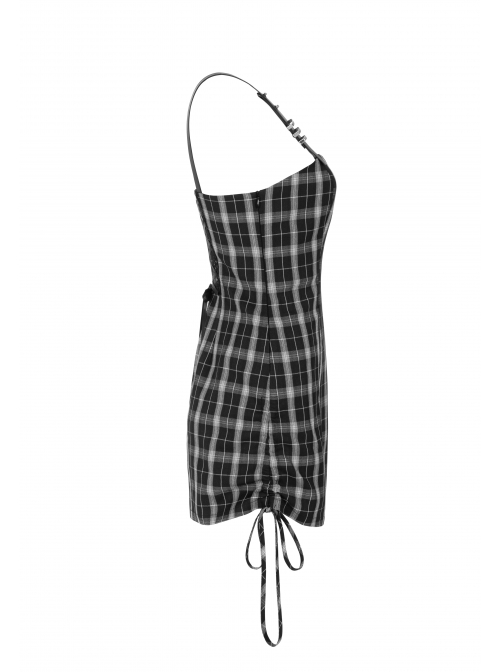 Steam Punk Female Black White Lattice High Waist Black Strap Dress