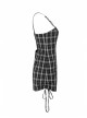 Steam Punk Female Black White Lattice High Waist Black Strap Dress
