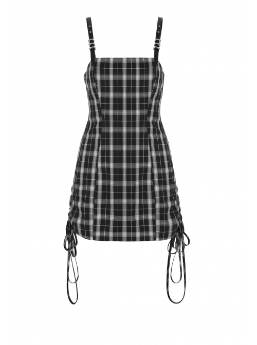 Steam Punk Female Black White Lattice High Waist Black Strap Dress