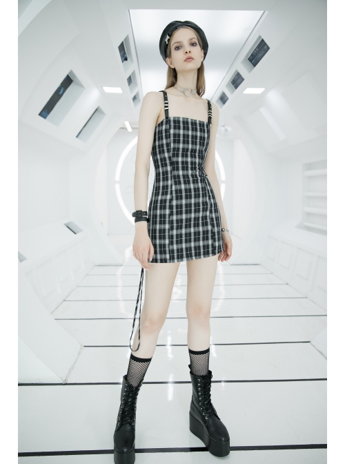 Steam Punk Female Black White Lattice High Waist Black Strap Dress