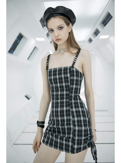 Steam Punk Female Black White Lattice High Waist Black Strap Dress