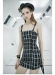 Steam Punk Female Black White Lattice High Waist Black Strap Dress