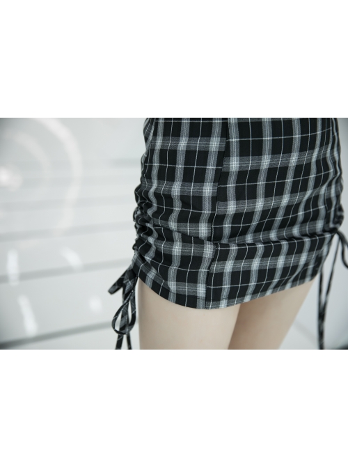 Steam Punk Female Black White Lattice High Waist Black Strap Dress