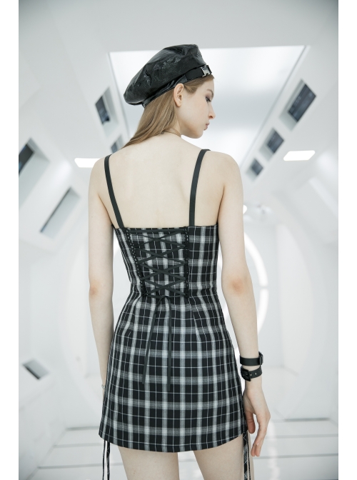 Steam Punk Female Black White Lattice High Waist Black Strap Dress