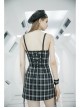 Steam Punk Female Black White Lattice High Waist Black Strap Dress