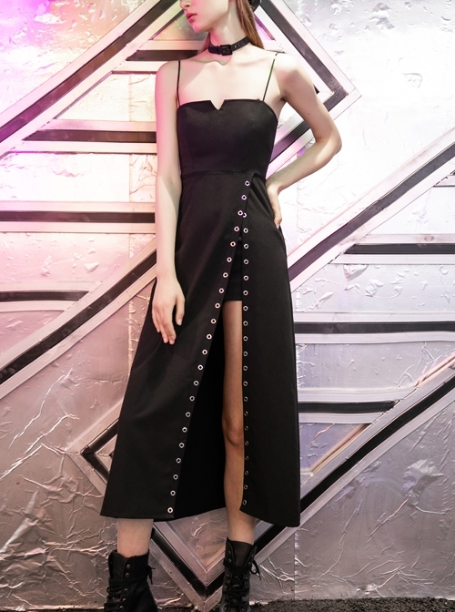 Steam Punk Female Black Hollow Metal Buckle Strap Long Dress