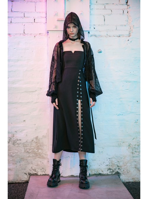Steam Punk Female Black Hollow Metal Buckle Strap Long Dress