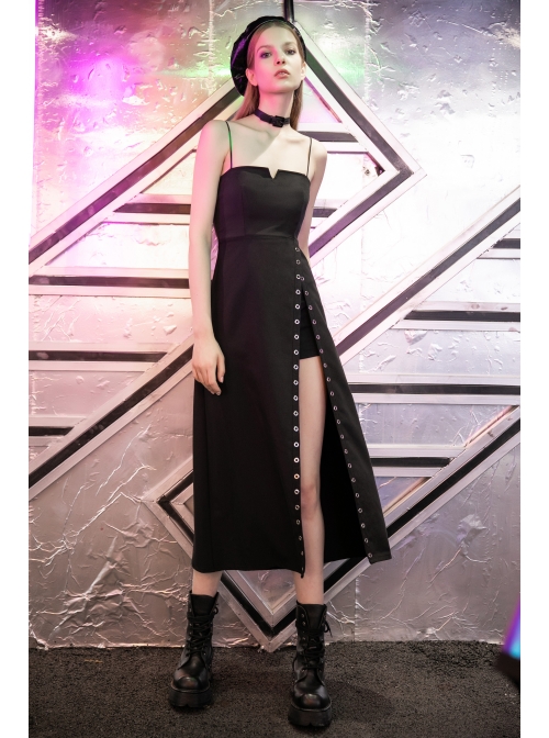 Steam Punk Female Black Hollow Metal Buckle Strap Long Dress