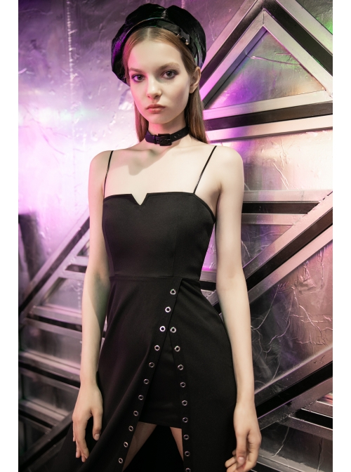 Steam Punk Female Black Hollow Metal Buckle Strap Long Dress