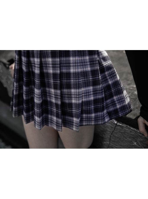 Steam Punk Female Casual Black Purple Lattice Strap Pleated Skirt