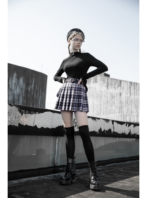 Steam Punk Female Casual Black Purple Lattice Strap Pleated Skirt