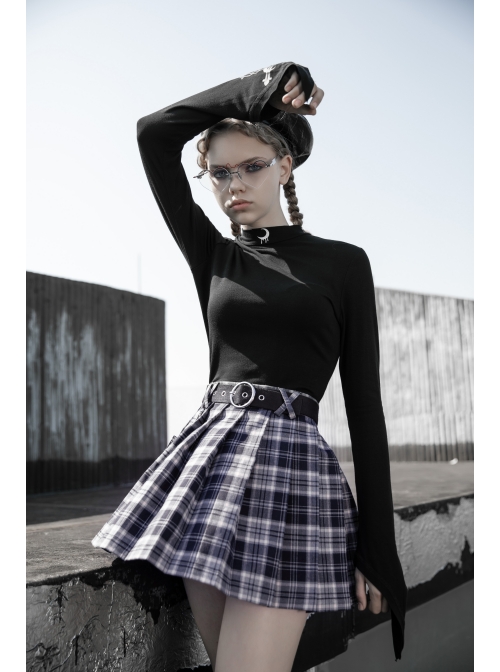 Steam Punk Female Casual Black Purple Lattice Strap Pleated Skirt