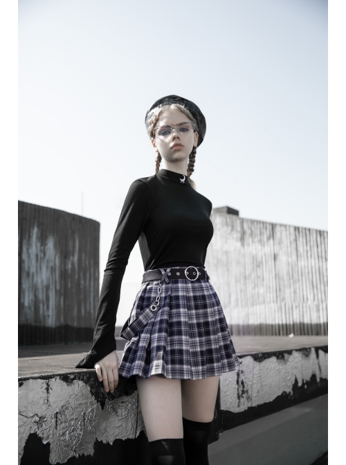 Steam Punk Female Casual Black Purple Lattice Strap Pleated Skirt