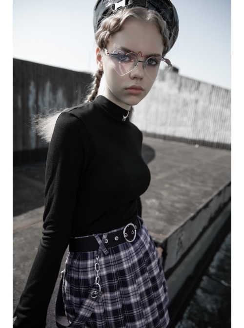 Steam Punk Female Casual Black Purple Lattice Strap Pleated Skirt