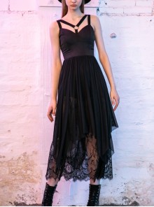 Steam Punk Female Black Strap Lace Mesh Stitching Long Dress