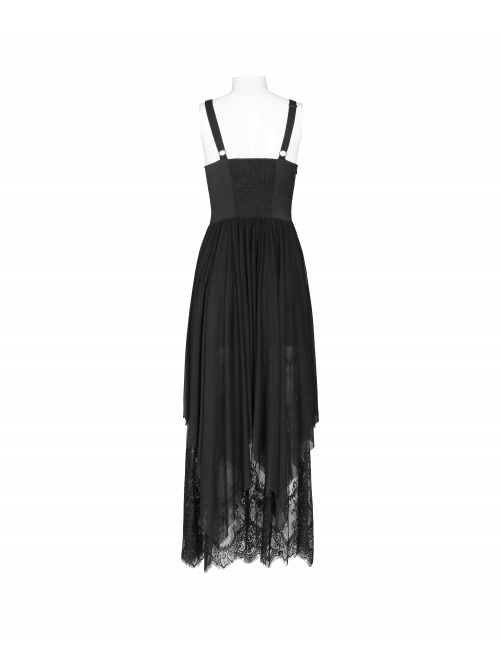 Steam Punk Female Black Strap Lace Mesh Stitching Long Dress
