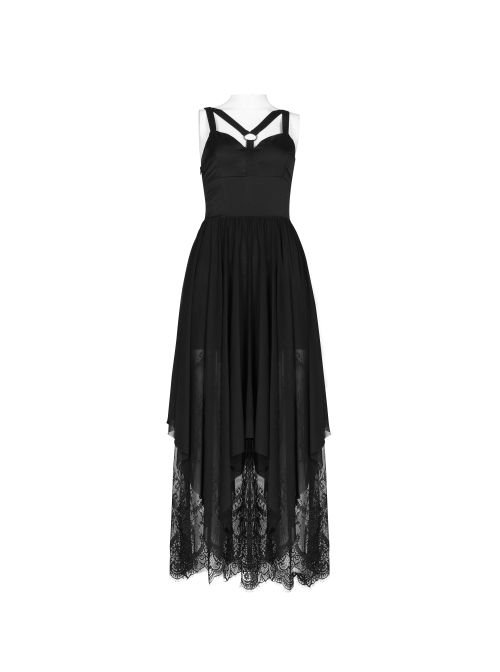 Steam Punk Female Black Strap Lace Mesh Stitching Long Dress