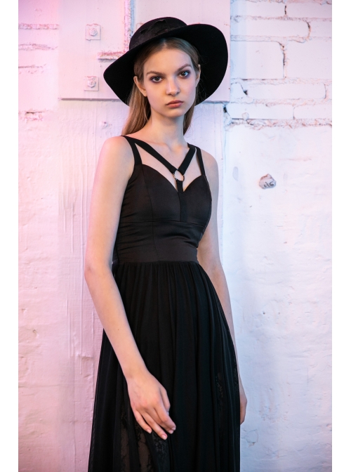Steam Punk Female Black Strap Lace Mesh Stitching Long Dress