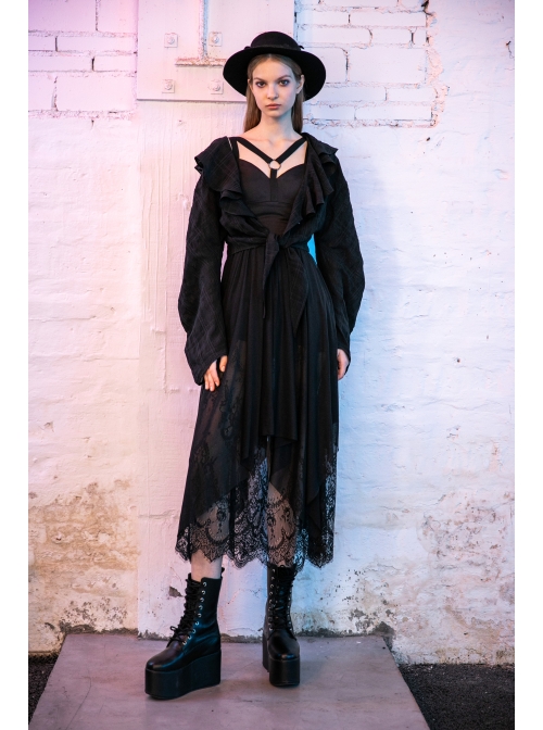 Steam Punk Female Black Strap Lace Mesh Stitching Long Dress