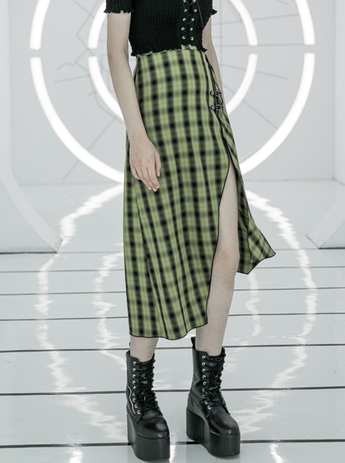 Steam Punk Female Cute Black Green Lattice Buckle Irregular Hem Long Skirt