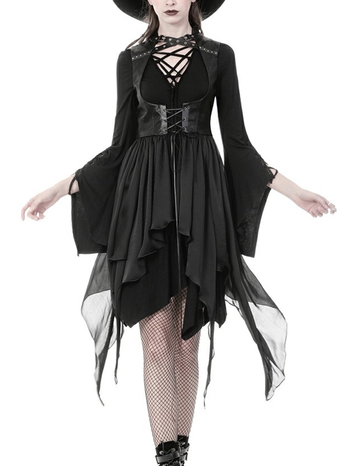 Front Metal Eyelets Strap Waist Lace-Up Sleeveless Irregular Hem Black Punk Chiffon Coat