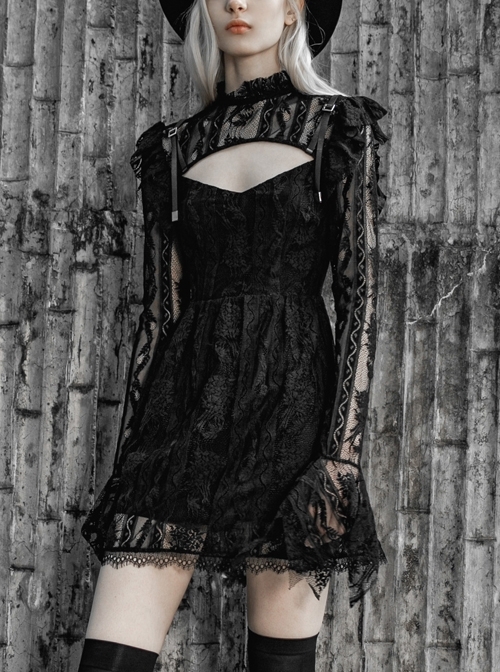 Gothic Female Dark Lace Stitching Hollow High Waist Dress