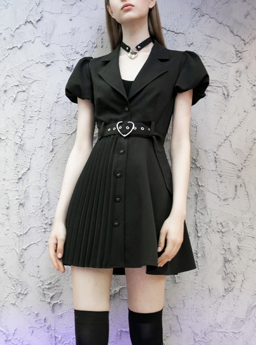 Steam Punk Female Black V-neck High Waist Belted Pleated Dress