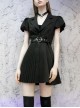 Steam Punk Female Black V-neck High Waist Belted Pleated Dress
