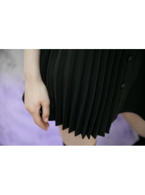 Steam Punk Female Black V-neck High Waist Belted Pleated Dress