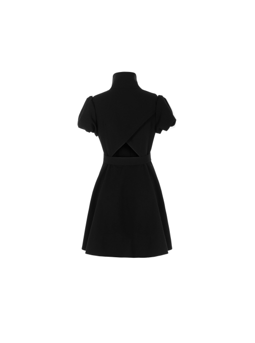 Steam Punk Female Black V-neck High Waist Belted Pleated Dress