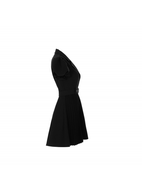 Steam Punk Female Black V-neck High Waist Belted Pleated Dress
