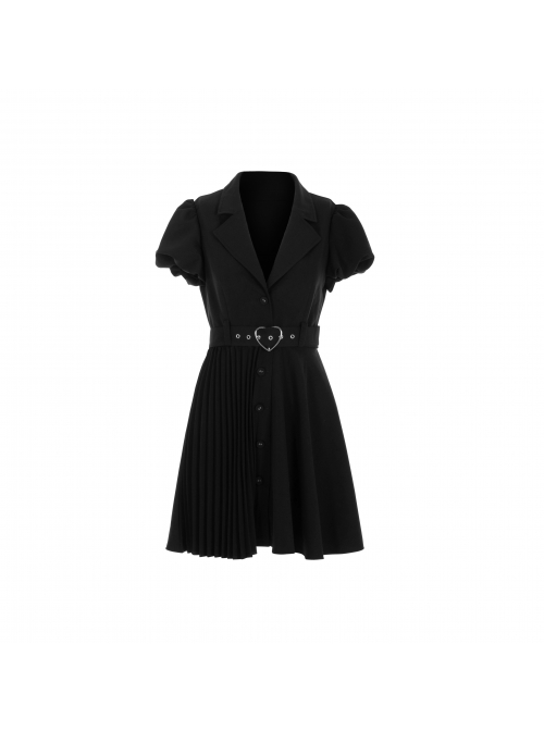 Steam Punk Female Black V-neck High Waist Belted Pleated Dress