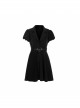 Steam Punk Female Black V-neck High Waist Belted Pleated Dress