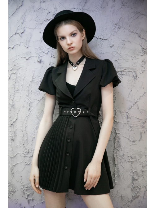 Steam Punk Female Black V-neck High Waist Belted Pleated Dress