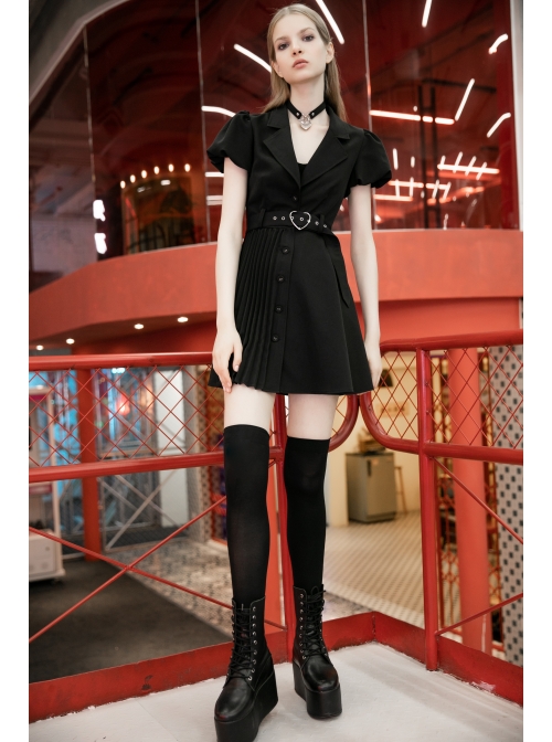 Steam Punk Female Black V-neck High Waist Belted Pleated Dress