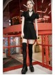 Steam Punk Female Black V-neck High Waist Belted Pleated Dress