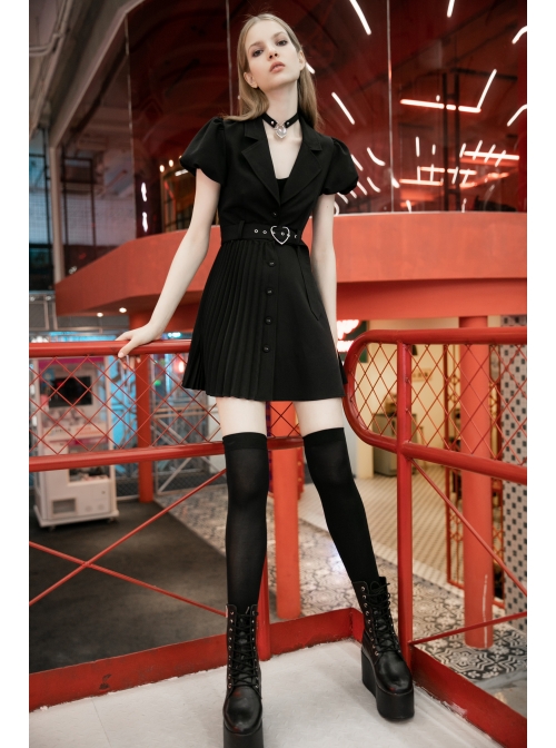 Steam Punk Female Black V-neck High Waist Belted Pleated Dress