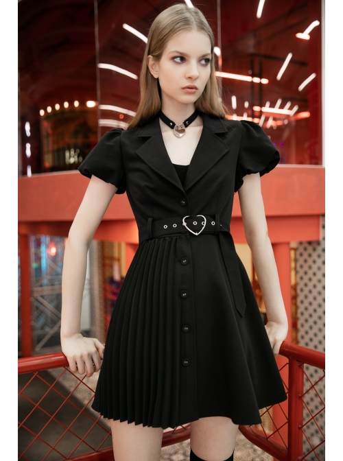 Steam Punk Female Black V-neck High Waist Belted Pleated Dress