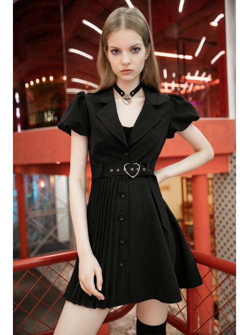 Steam Punk Female Black V-neck High Waist Belted Pleated Dress