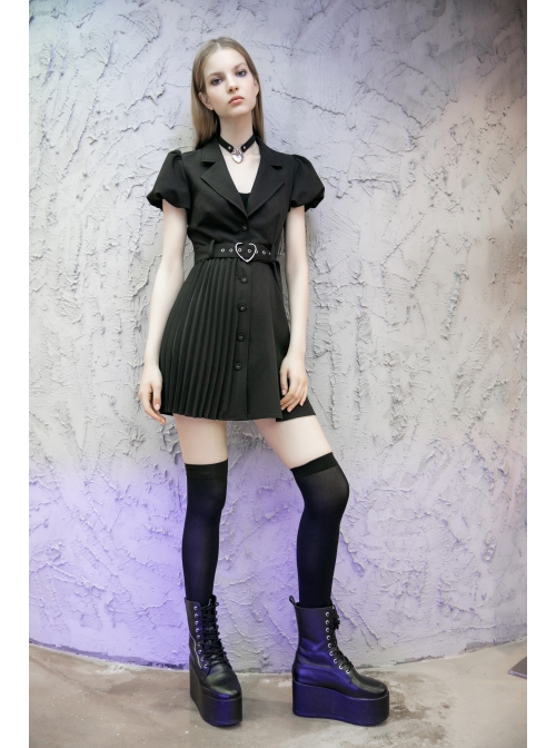 Steam Punk Female Black V-neck High Waist Belted Pleated Dress