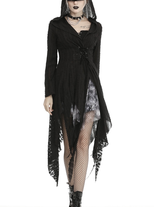 V-Neck Long Sleeve Waist Lace-Up Irregular Hem Black Punk Shredded Hooded Coat