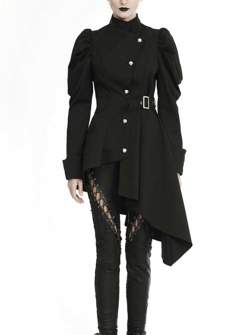High Collar Oblique Placket Retro Button Metal Buckle Belt Long Sleeve Irregular Hem Black Punk Jacket